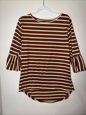 Tickled Teal Striped Brown & Cream Bell-Sleeve Women's Top
